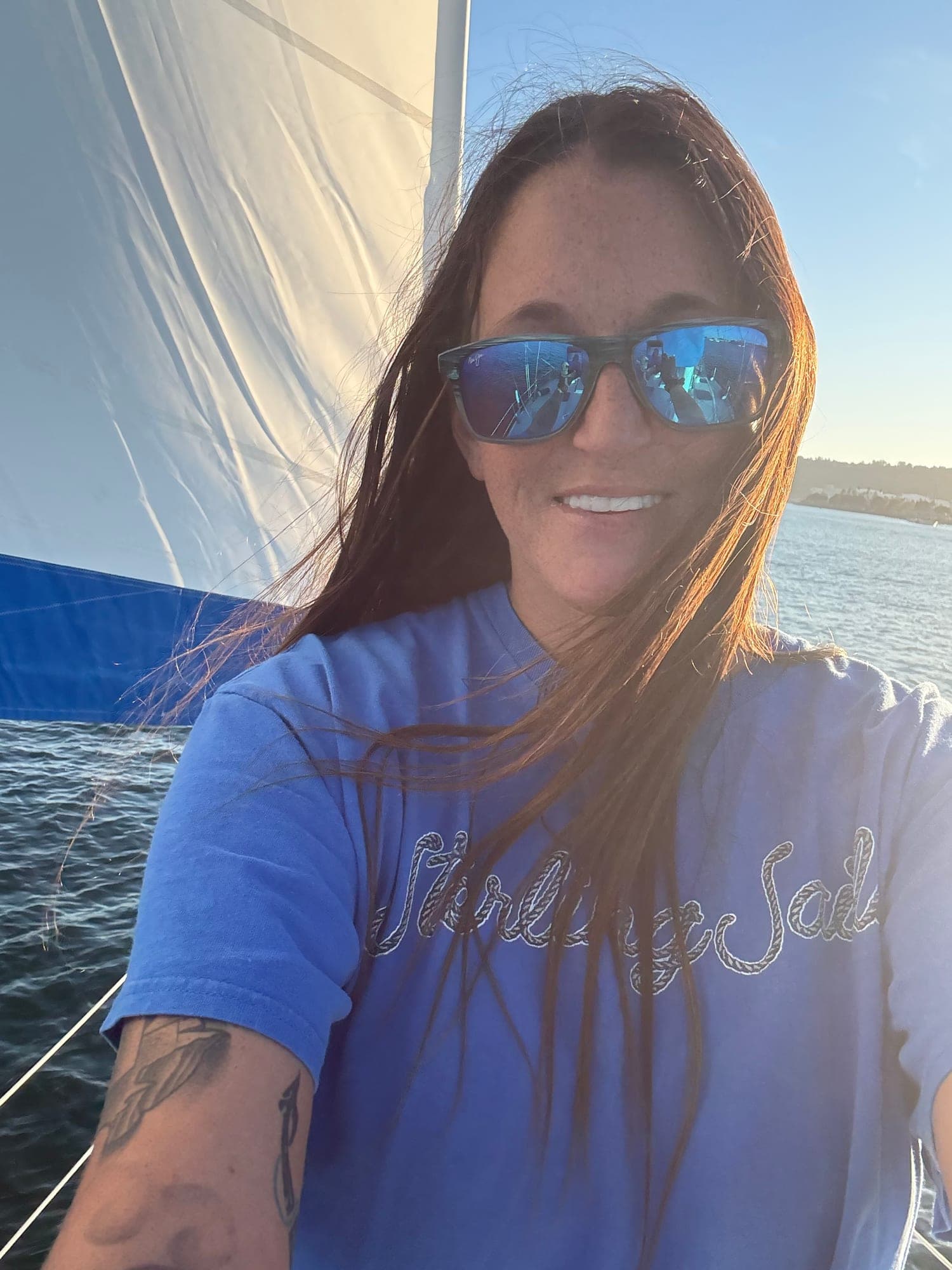 Captain Liz under sail aboard the Mojave — featured in ShoutOut SoCal