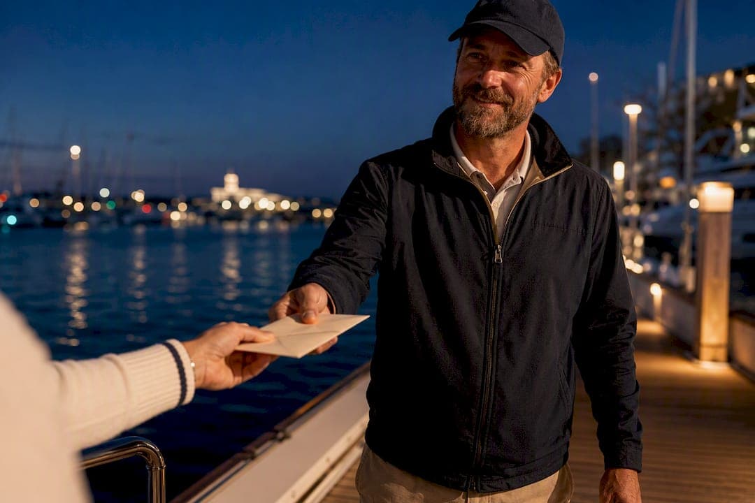 Guest handing tip envelope to captain